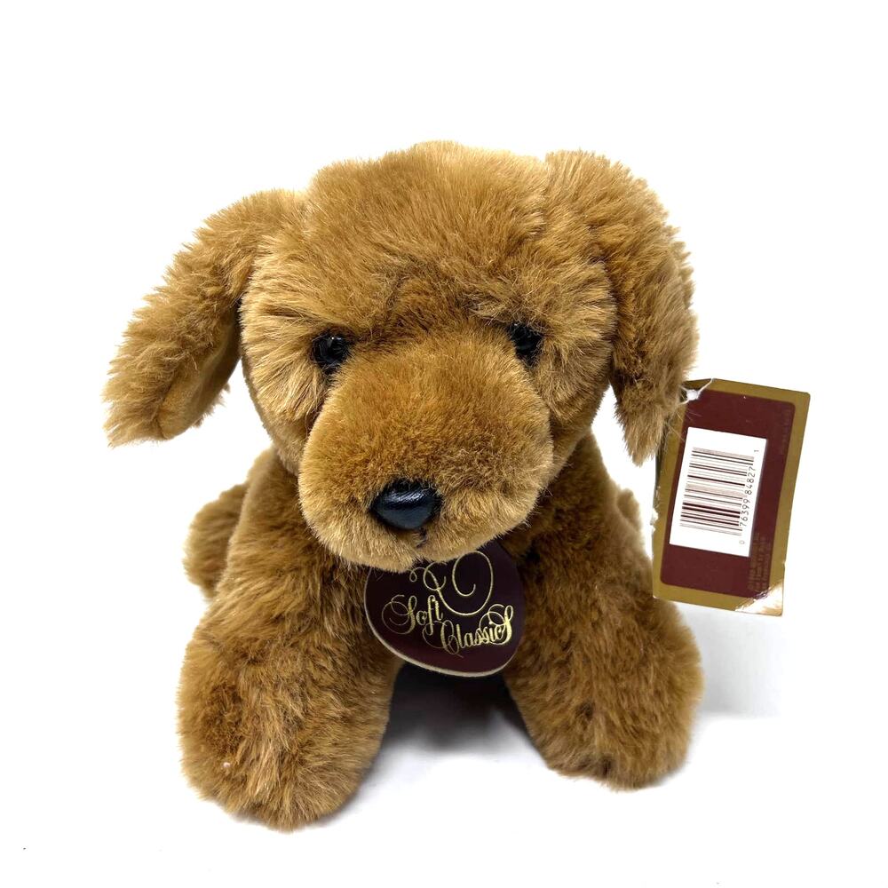 Soft Classics Puppy Plush 9" Seated Brown Dog Red Bow Fun Farm‎ Dakin VTG 1986